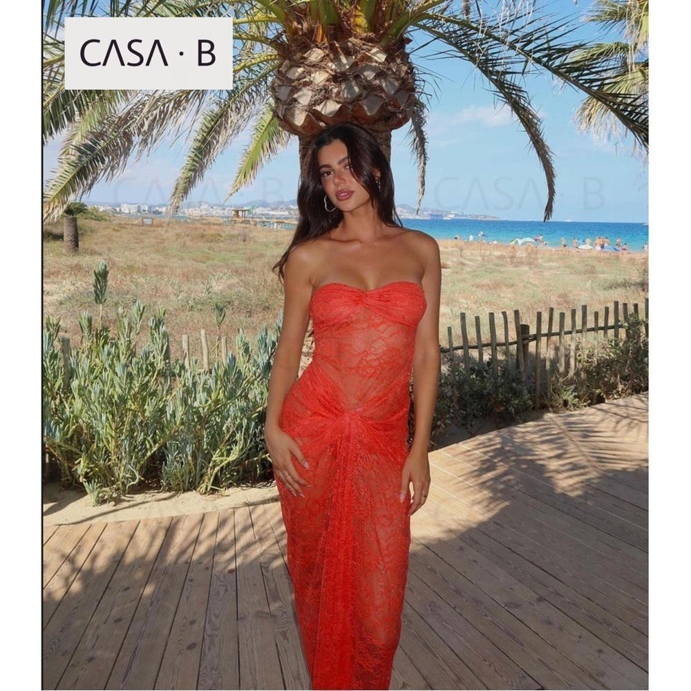NEW to CASA B💫 Theresa Front-Twist Strapless Lace Maxi Dress-Tangerine orange - Picture 5 of 17